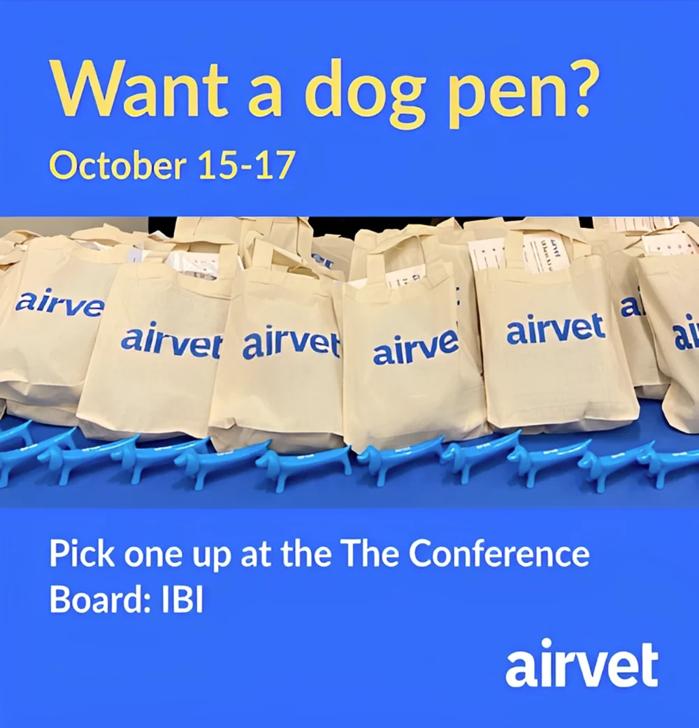 Airvet LinkedIn ad: “Want a dog pen? October 15-17. Pick one up at The Conference Board: IBI,” over the same photo of Airvet swag.