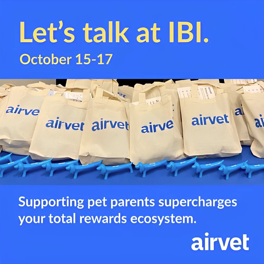 Airvet LinkedIn ad: “Let's talk at IBI. October 15-17. Supporting pet parents supercharges your total rewards ecosystem,” over a photo of Airvet-branded tote bags and blue dog-shaped pens.