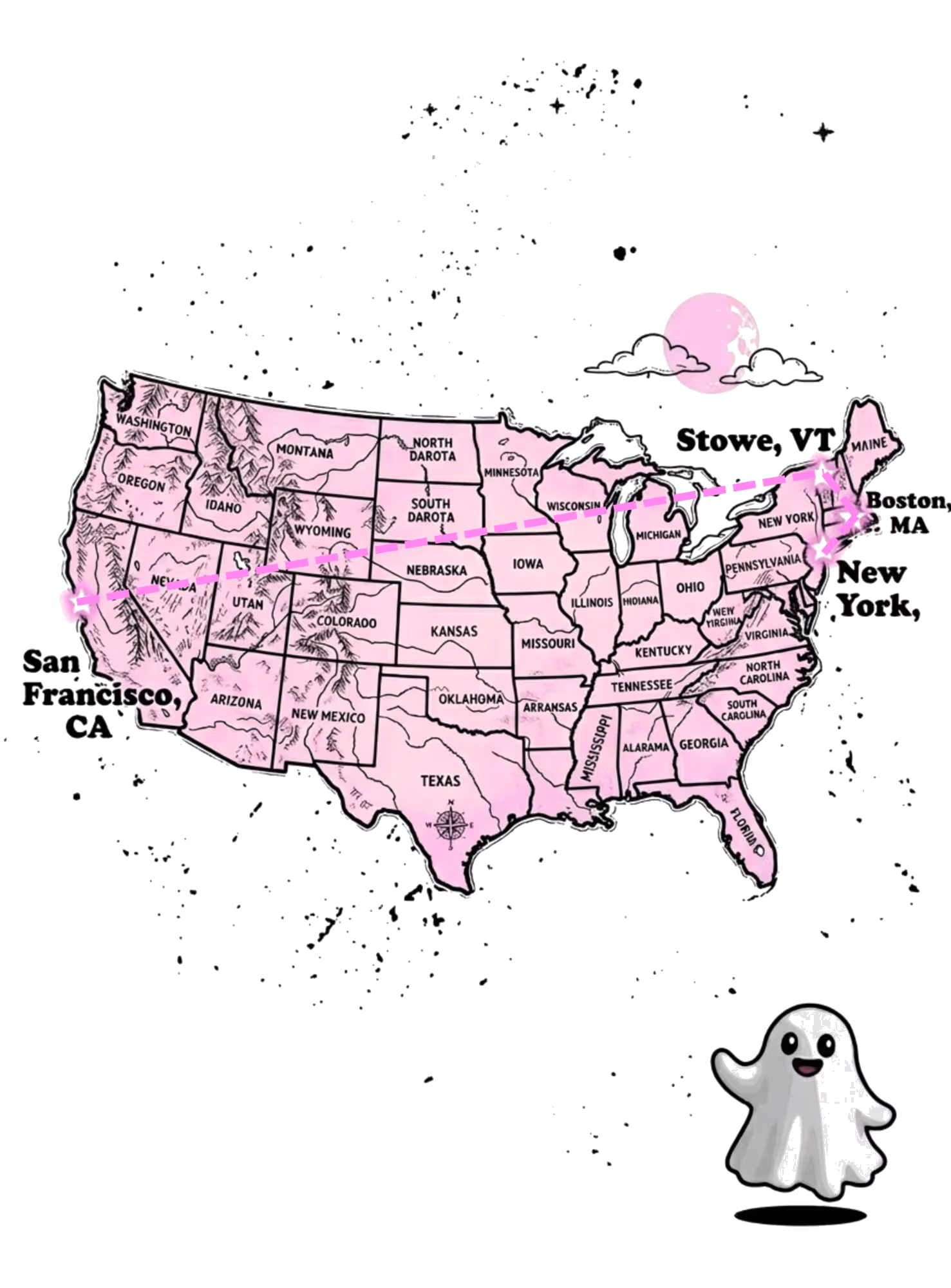 Ghost Tour Tour route map: San Francisco, Stowe VT, Boston MA, and New York